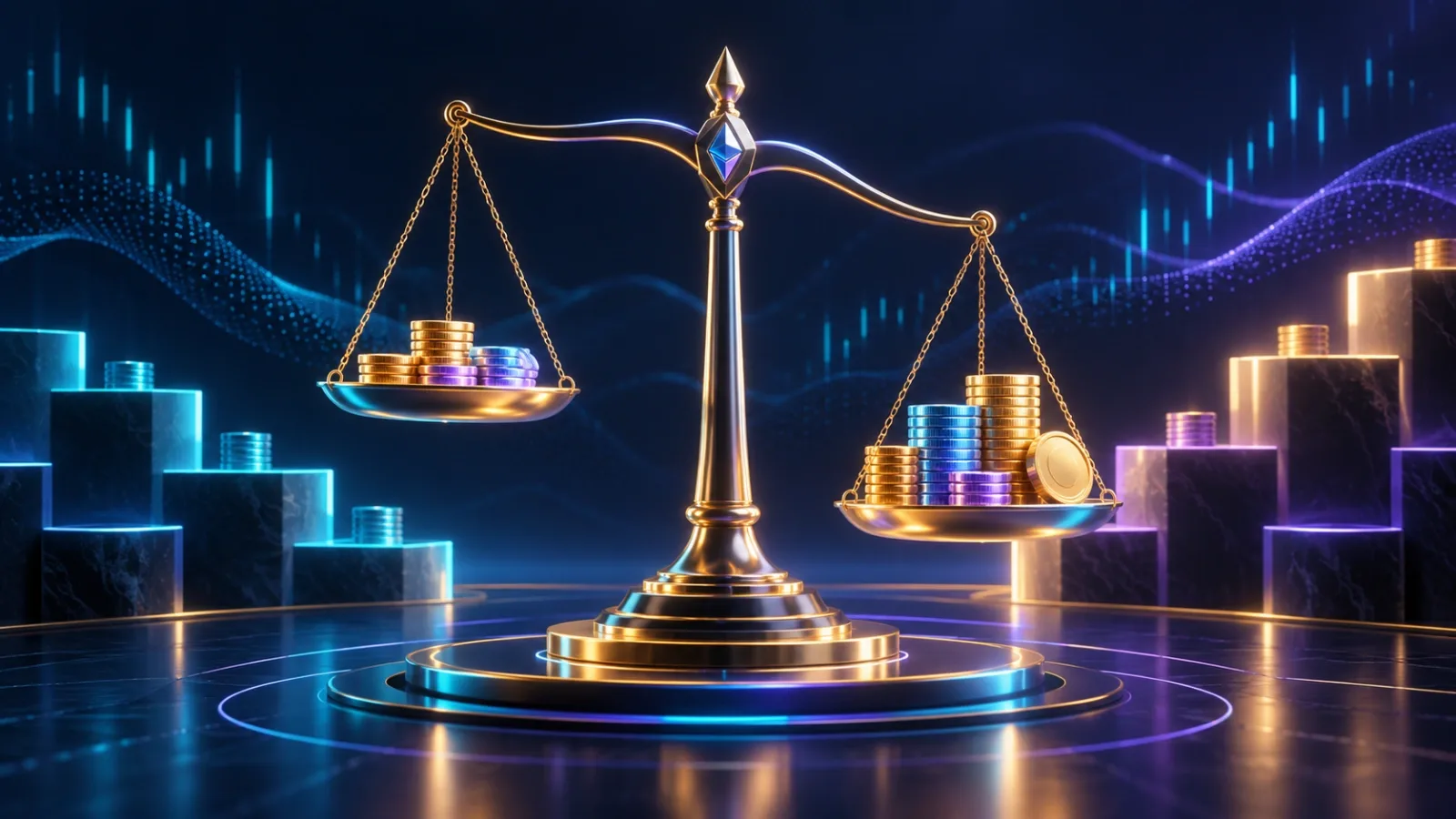 Aster DEX fee structure: maker and taker fees weighed on a balance scale with fee tier steps