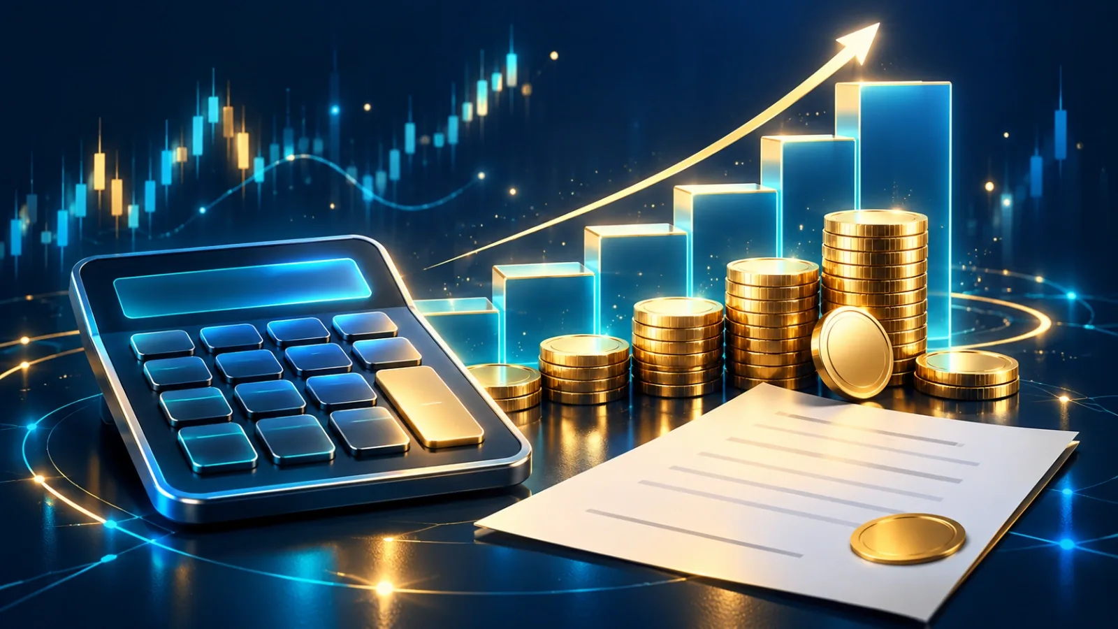仮想通貨の税金計算シミュレーションのイメージ：電卓と金貨、税率が段階的に上がる累進課税を表す階段