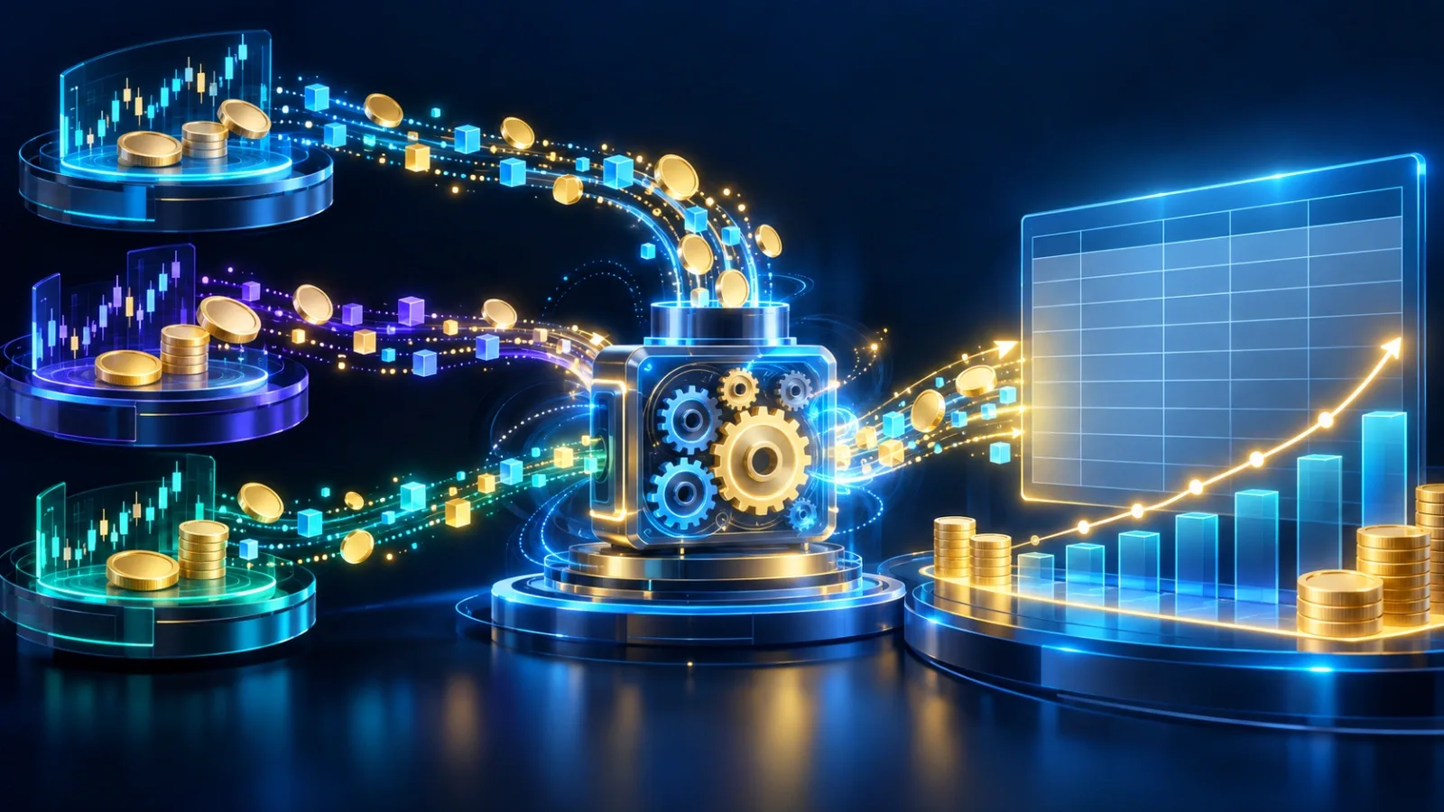 仮想通貨の損益計算ツールのイメージ：複数のDEXの取引履歴を集計エンジンに取り込み、損益を一覧にする流れ