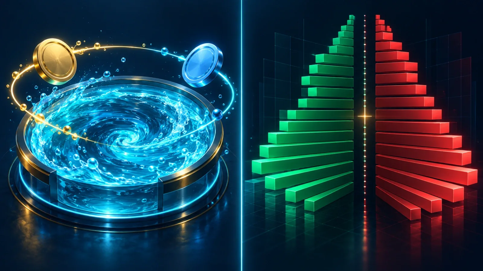 Order book vs AMM: a liquidity pool with two tokens on the left, an order-book depth chart with green bids and red asks on the right