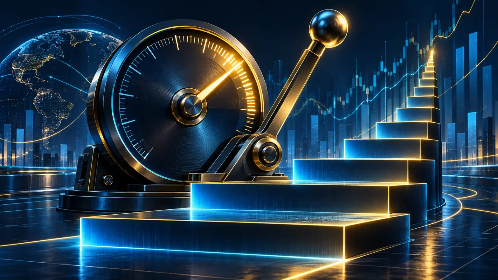 DEX leverage tiers comparison: a leverage dial and lever above tier steps that narrow as position size grows