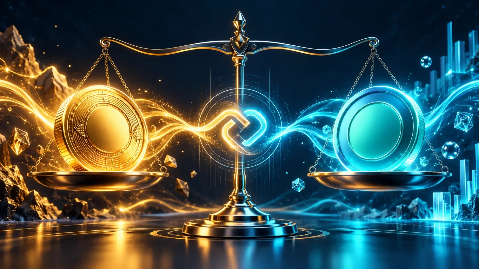 Coin-margined vs USDT-margined perpetuals: gold coin collateral and a stablecoin on a balance scale