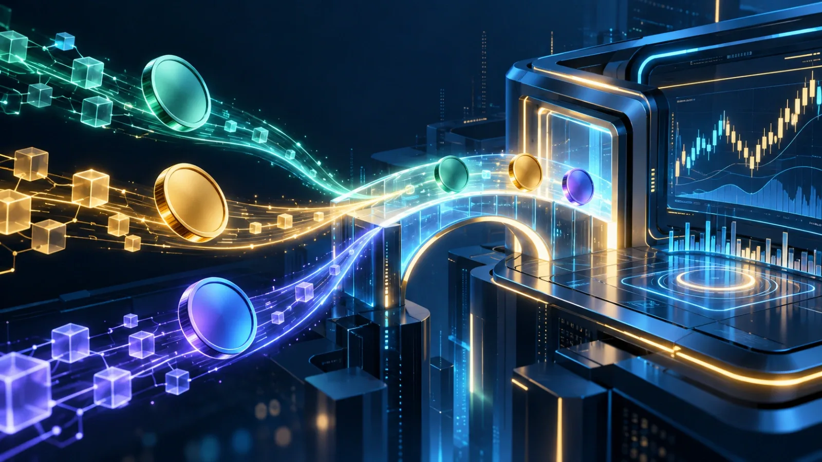 How to deposit to Hyperliquid: coins from different chains flowing across a bridge into the trading terminal