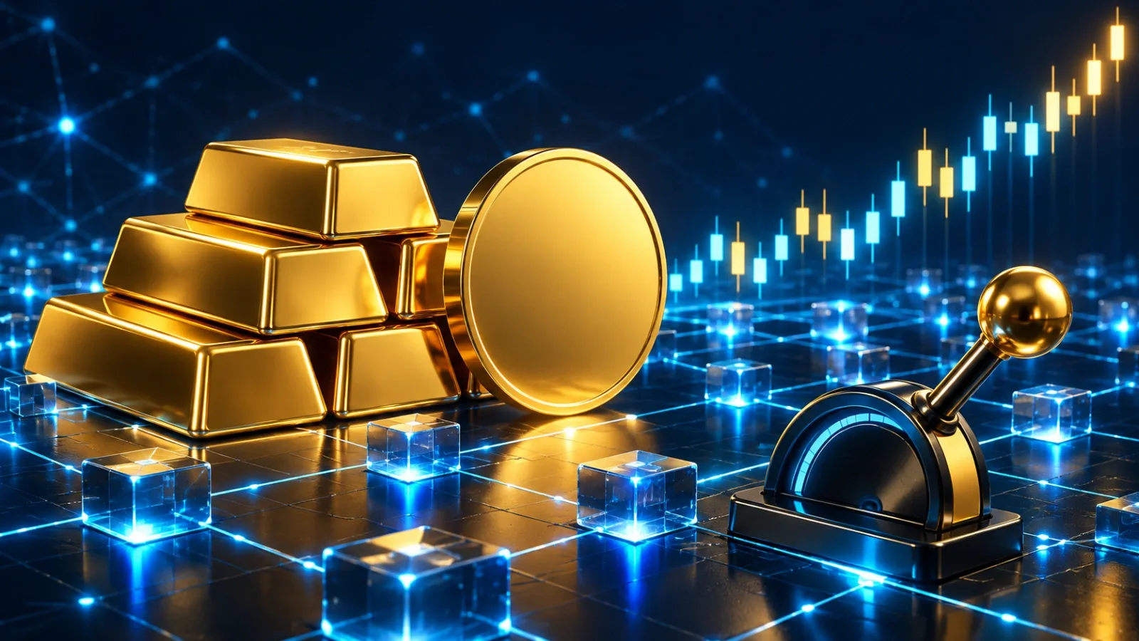 Trading gold perpetuals on Hyperliquid: gold bars, a gold coin, a rising price chart and a leverage lever