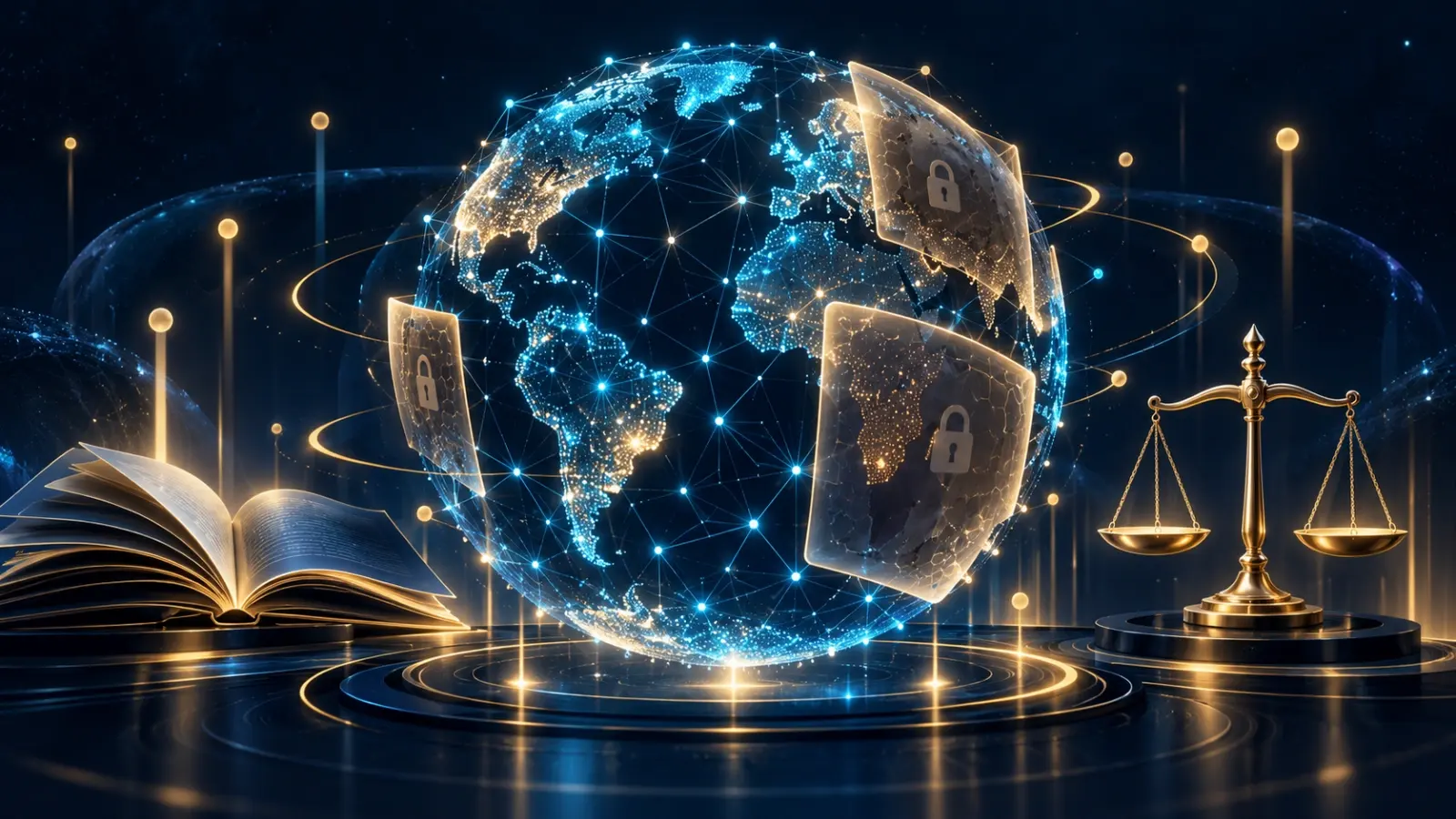 Hyperliquid restricted countries: a network globe with blocked regions behind shields, a rulebook and scales of justice