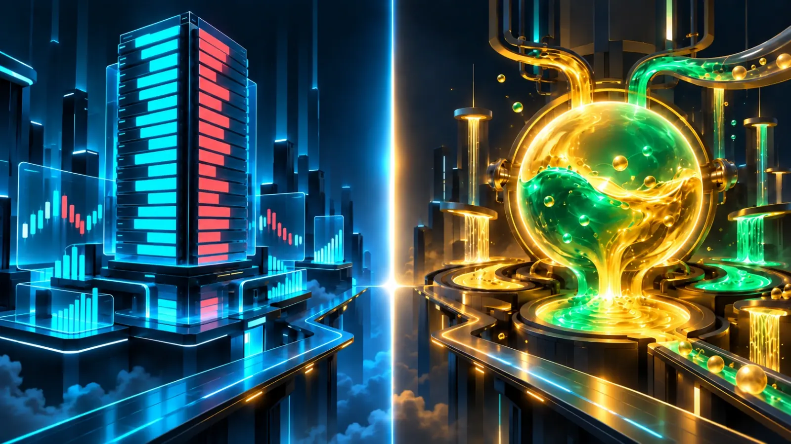 Hyperliquid vs Jupiter Perps: an order book tower facing a liquidity pool across a glowing divide