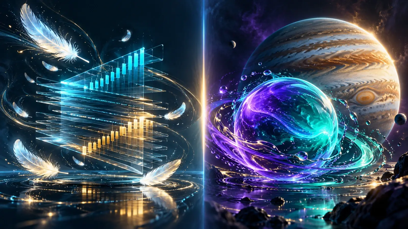 Lighter vs Jupiter Perps comparison: a feather-light zero-fee order book facing a Solana liquidity pool orb and a Jupiter-like planet