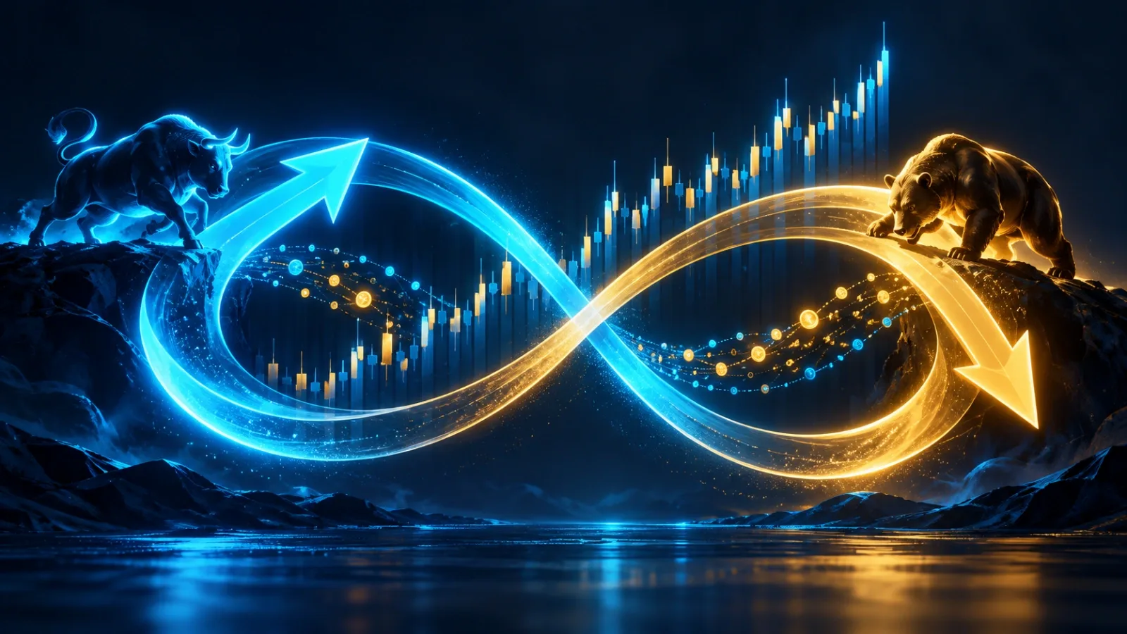 What are perpetual futures: a perpetual contract drawn as an endless loop around a price chart, with long and short arrows and funding flowing between them