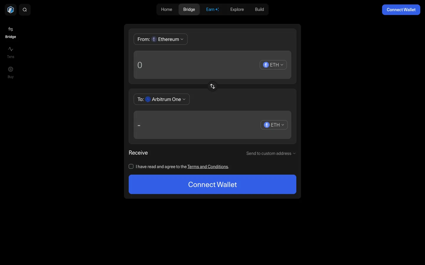 Arbitrum公式ブリッジの画面。FromがEthereum、ToがArbitrum One、トークンはETH。右上と下にConnect Walletボタン