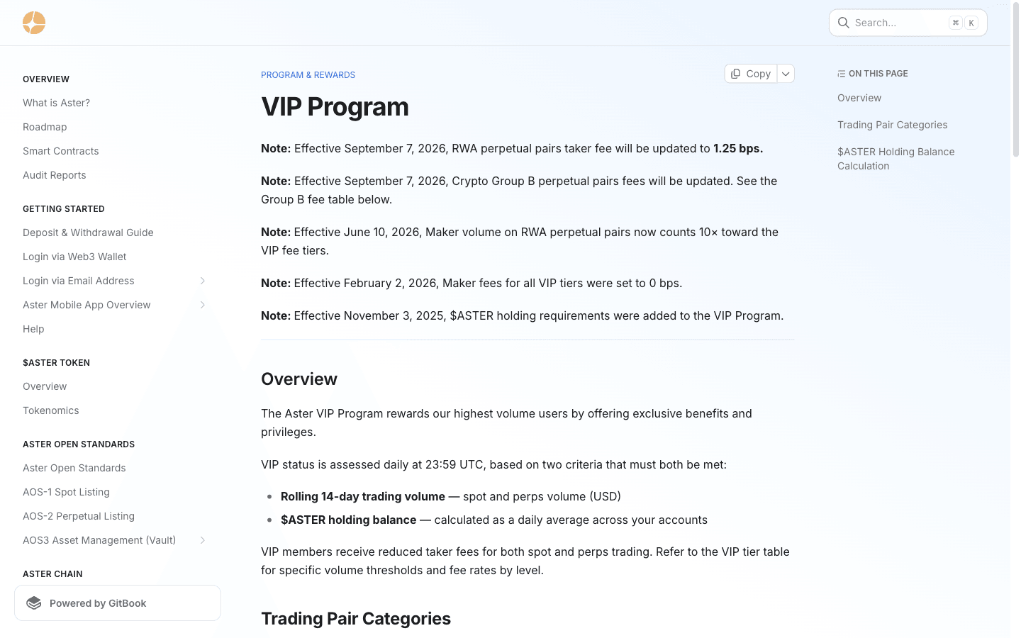 Aster documentation VIP Program page with September 7 2026 notes on RWA 1.25 bps taker and Group B fees