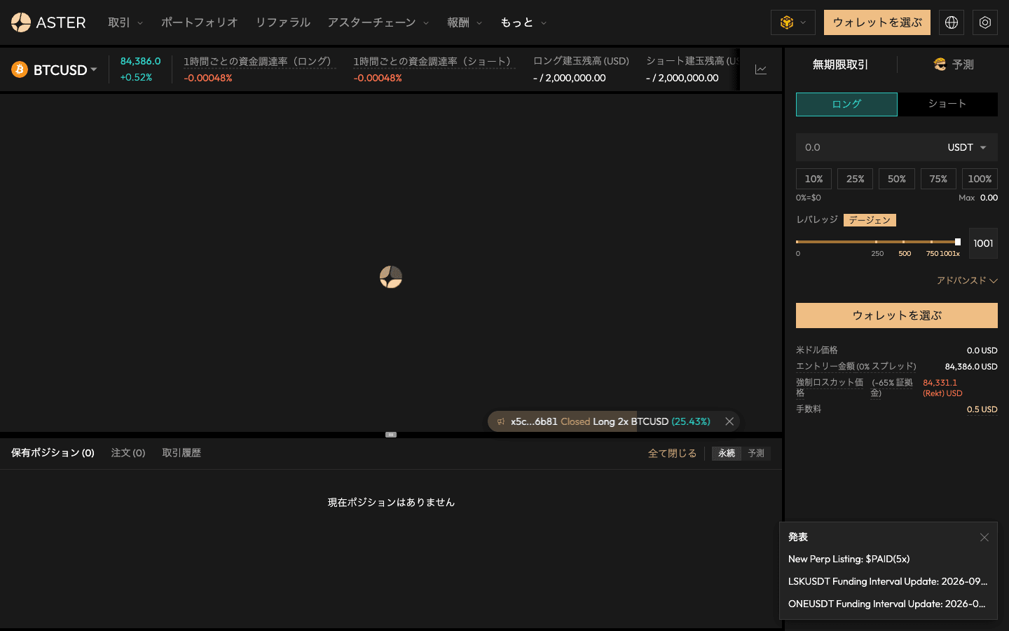 Aster 1001x の BTCUSD 注文画面。レバレッジ1001倍でデージェン表示、強制ロスカット価格の表示