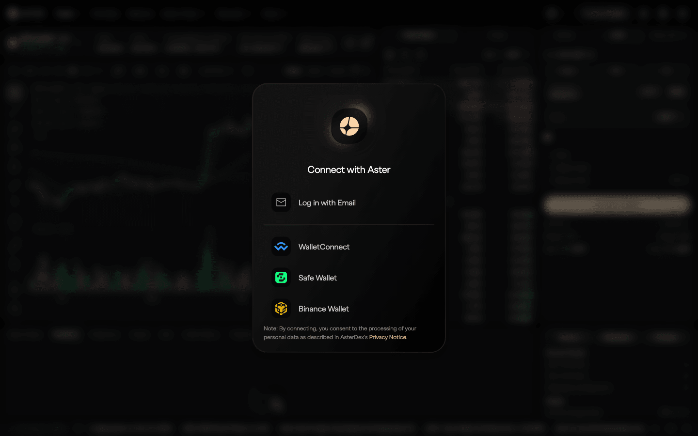 Aster Connect with Aster window with Log in with Email, WalletConnect, Safe Wallet and Binance Wallet