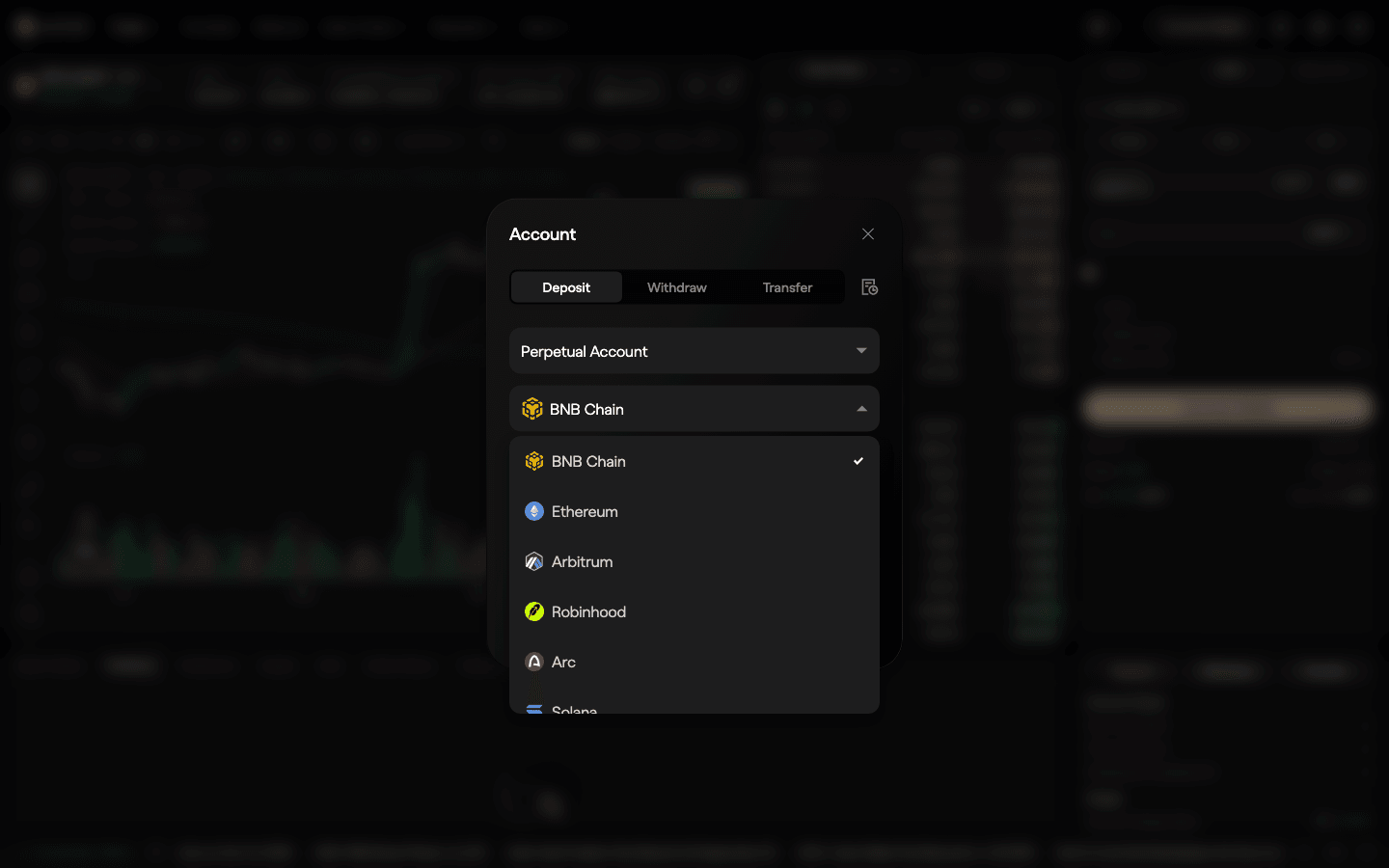 Aster Account window on the Deposit tab with Perpetual Account selected and the network list open