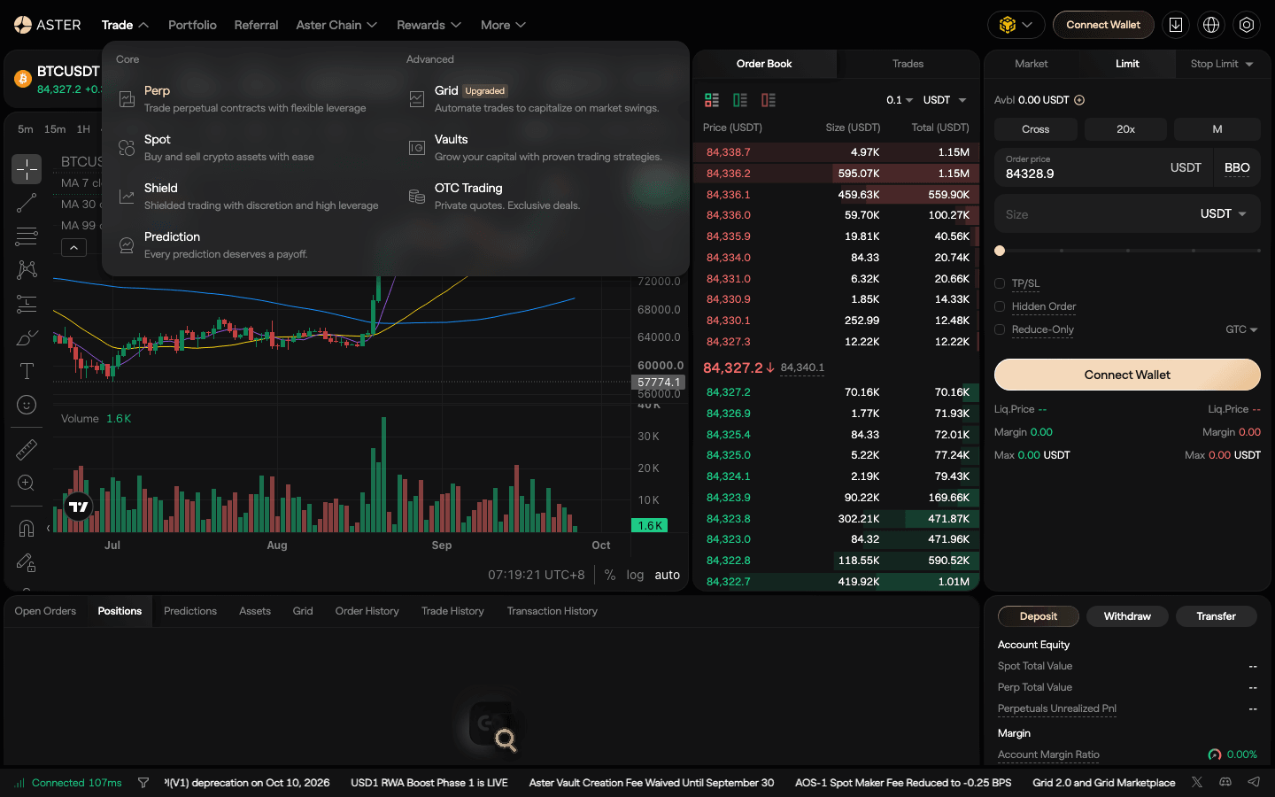 Aster Trade menu open: Core Perp, Spot, Shield, Prediction; Advanced Grid, Vaults, OTC Trading