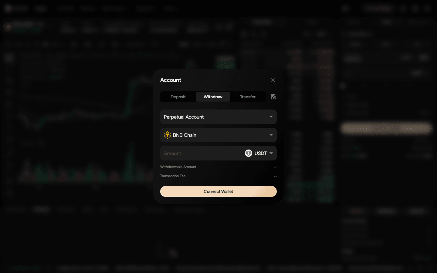 Aster Account window on the Withdraw tab with Perpetual Account, BNB Chain, USDT, Withdrawable Amount and Transaction Fee