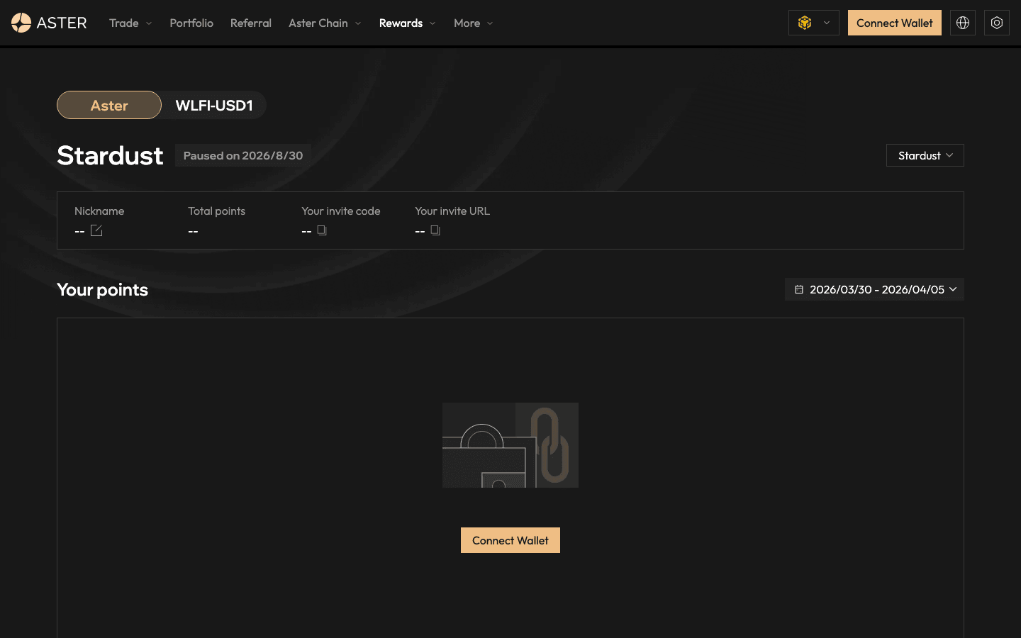 Aster Stardust points dashboard marked Paused on 2026/8/30