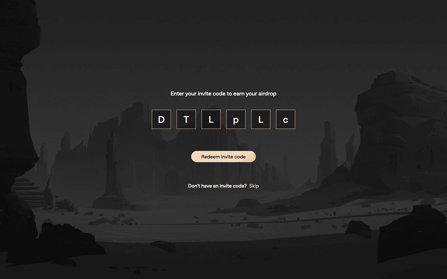 Aster invite screen reading Enter your invite code to earn your airdrop with DTLpLc pre-filled and a Redeem invite code button
