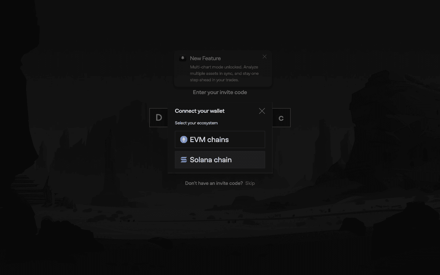 Aster Connect your wallet dialog with Select your ecosystem, EVM chains and Solana chain, shown over the invite code screen after clicking Confirm