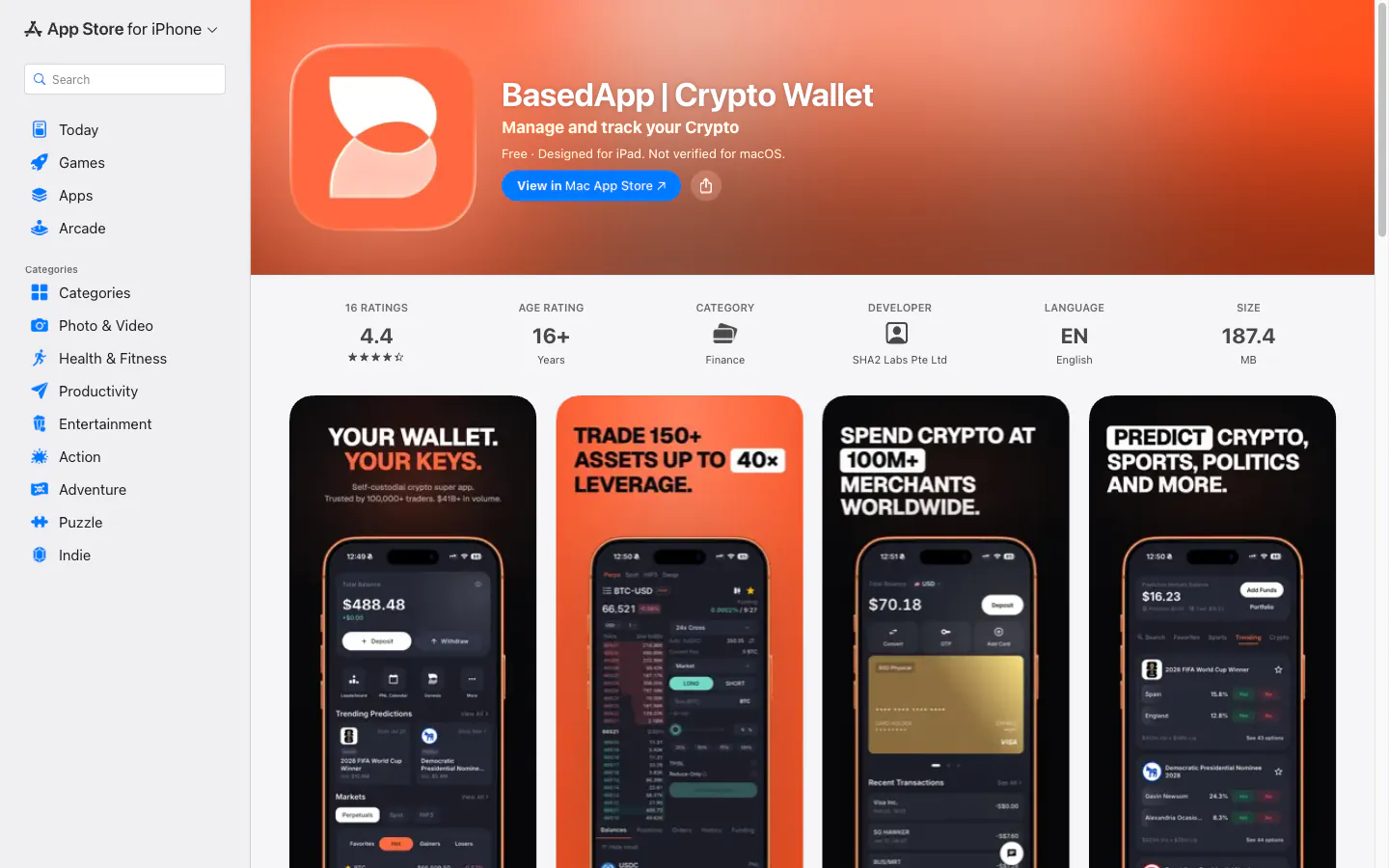 BasedApp Crypto Wallet listing on the Apple App Store by SHA2 Labs Pte Ltd