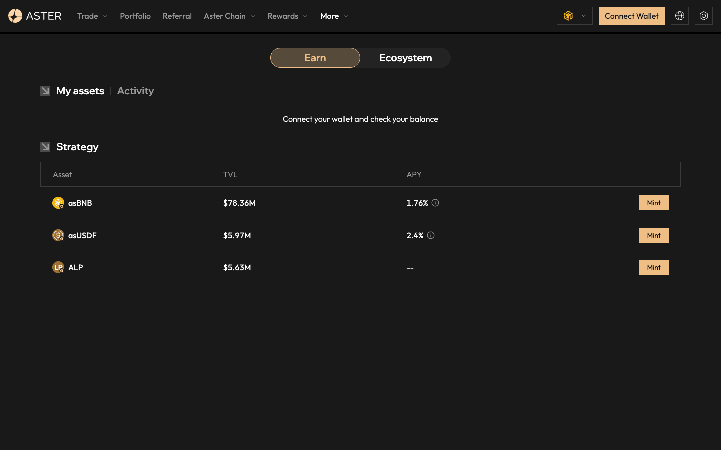 Aster Earn page listing asBNB, asUSDF and ALP