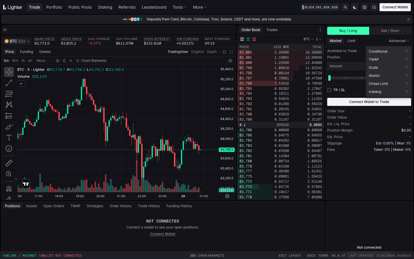 Lighter BTC trade screen with the Advanced order menu open