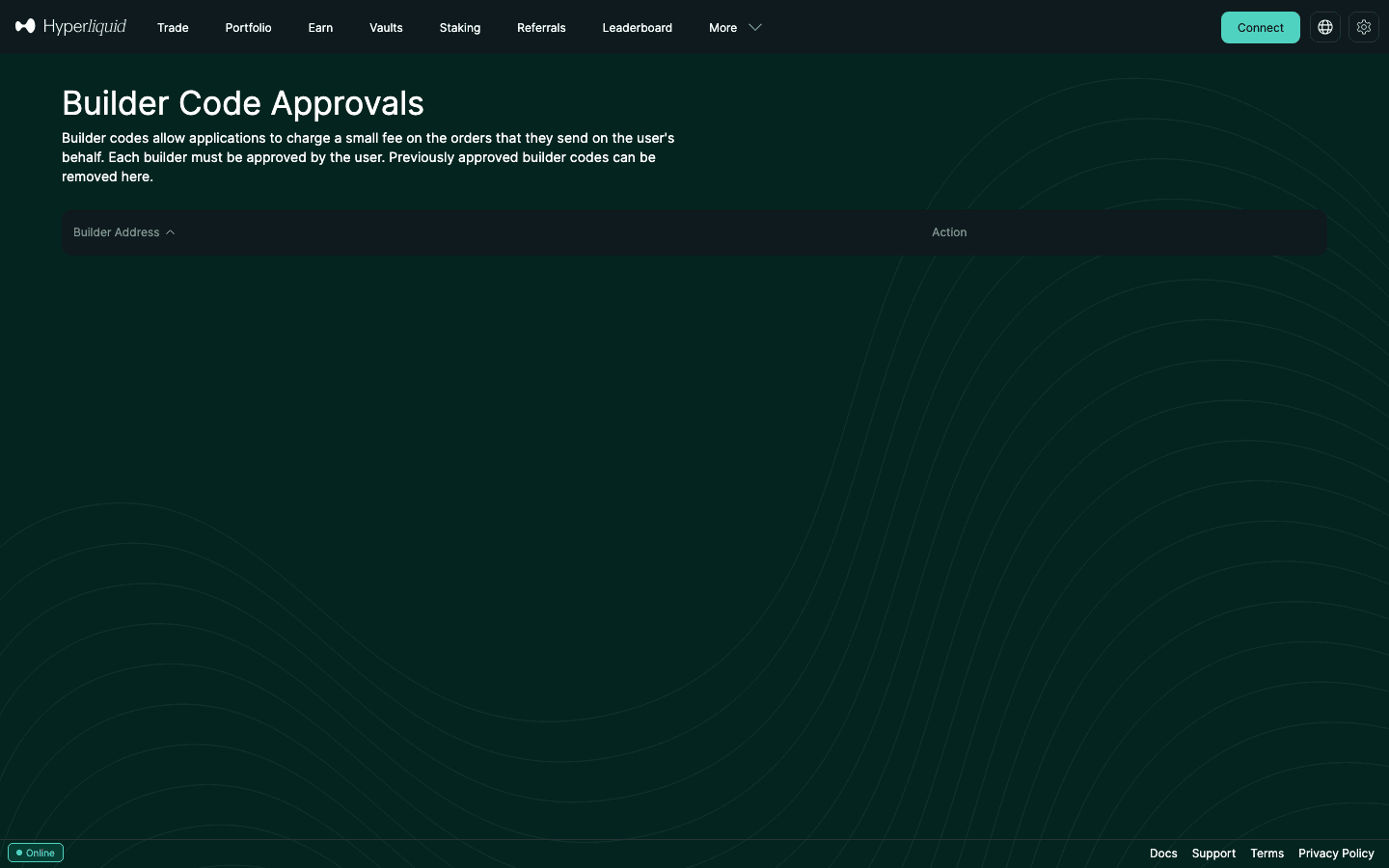 Hyperliquid Builder Code Approvals page