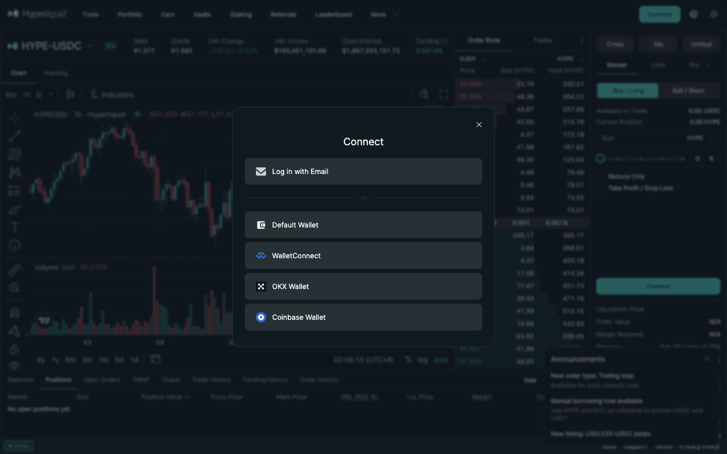 Hyperliquid Connect window with Log in with Email, Default Wallet, WalletConnect, OKX Wallet and Coinbase Wallet buttons