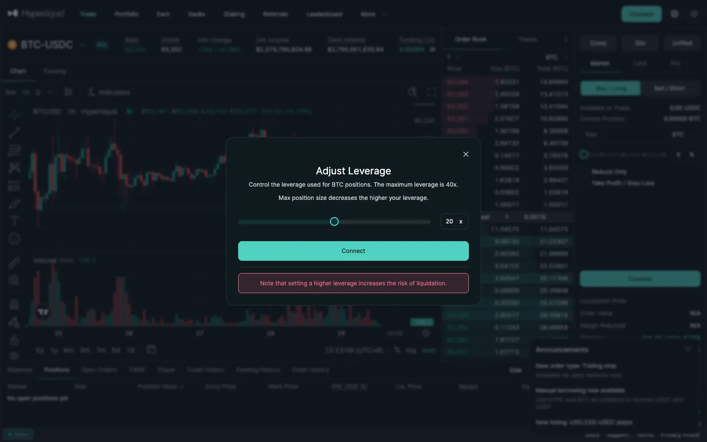 ハイパーリキッドのBTC-USDC取引画面で開いたAdjust Leverage(レバレッジ調整)画面。最大レバレッジは40x、スライダーは20x、高いレバレッジは清算リスクを高めるという注意書き