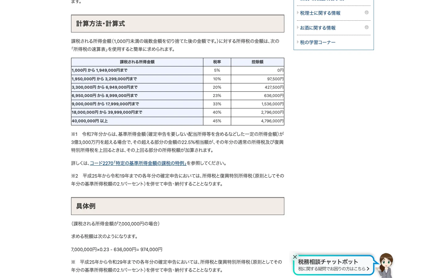 国税庁タックスアンサーNo.2260の所得税の速算表。1,000円から1,949,000円まで5%、40,000,000円以上45%