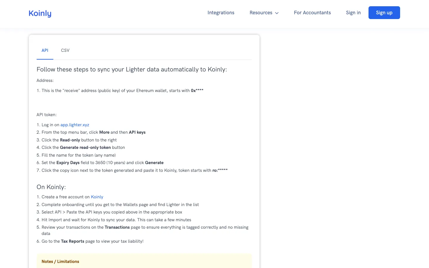 KoinlyのLighter連携ページのAPI手順。アドレスはイーサリアムウォレットの0xアドレス、API tokenはapp.lighter.xyzのMore、API keysからRead-onlyのトークンを発行してKoinlyに貼り付ける