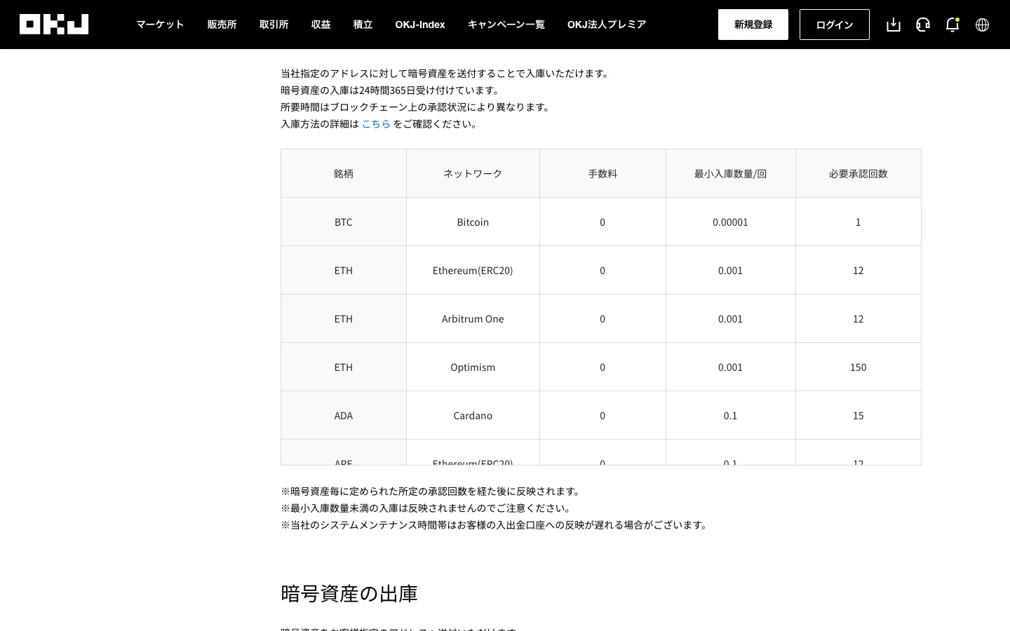 OKJの入出金ページ「暗号資産の入庫」の表。ETHはEthereum(ERC20)・Arbitrum One・Optimismで手数料0、最小入庫数量0.001