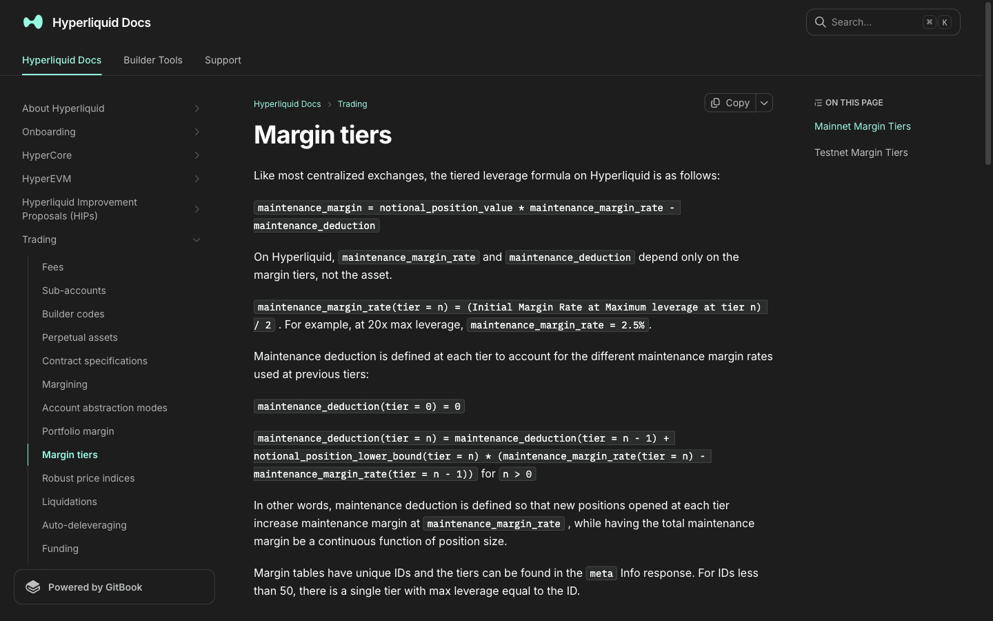 Hyperliquid documentation Margin tiers page