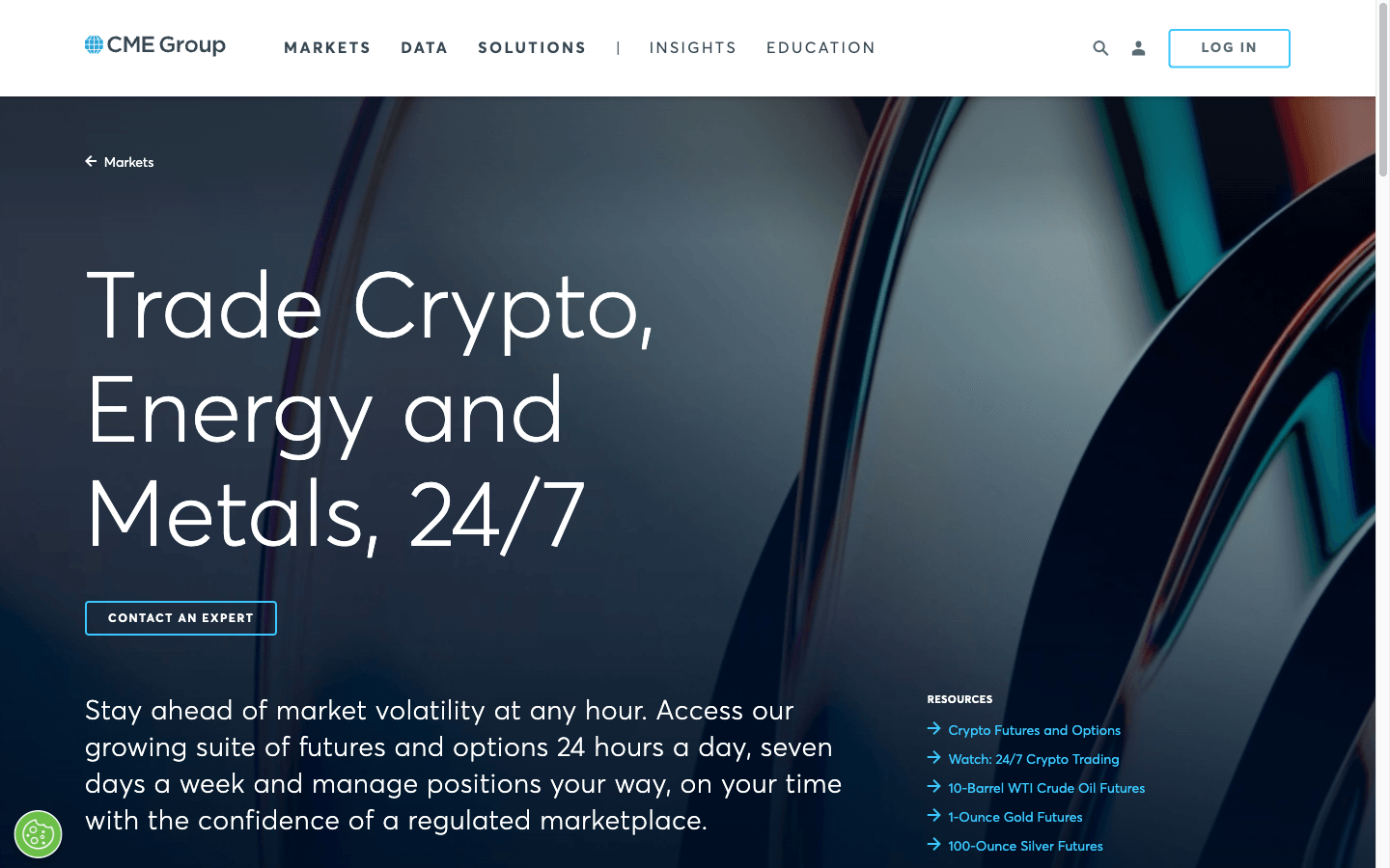 CME Group の公式ページ「Trade Crypto, Energy and Metals, 24/7」