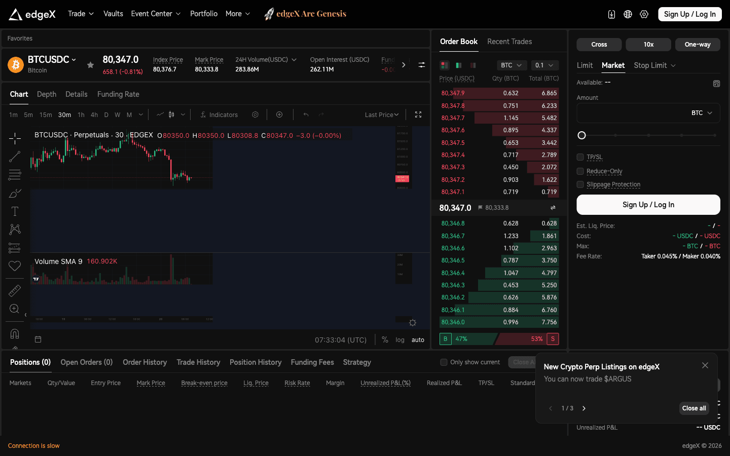 edgeX BTCUSDC perpetual trading page with order book, chart and order ticket, September 2026