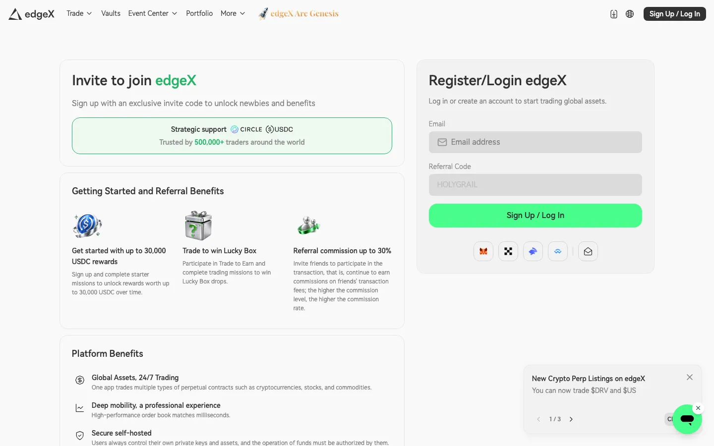 edgeX invite page opened through our referral link, with the Referral Code field pre-filled with HOLYGRAIL and the new-user rewards block