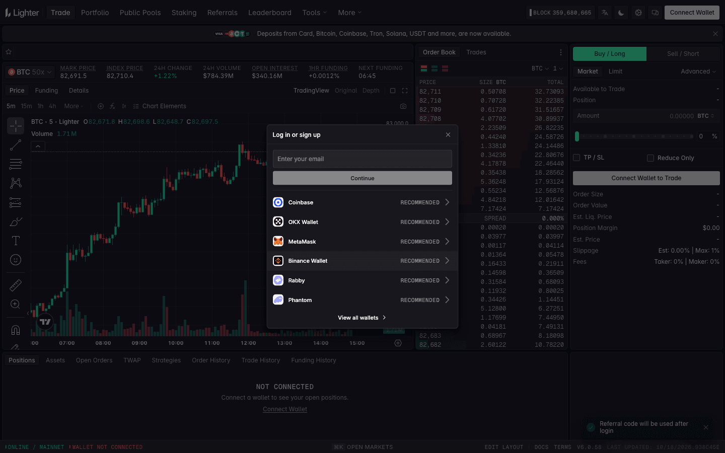 Lighter Log in or sign up window with an email field and Coinbase, OKX Wallet, MetaMask, Binance Wallet, Rabby and Phantom marked Recommended