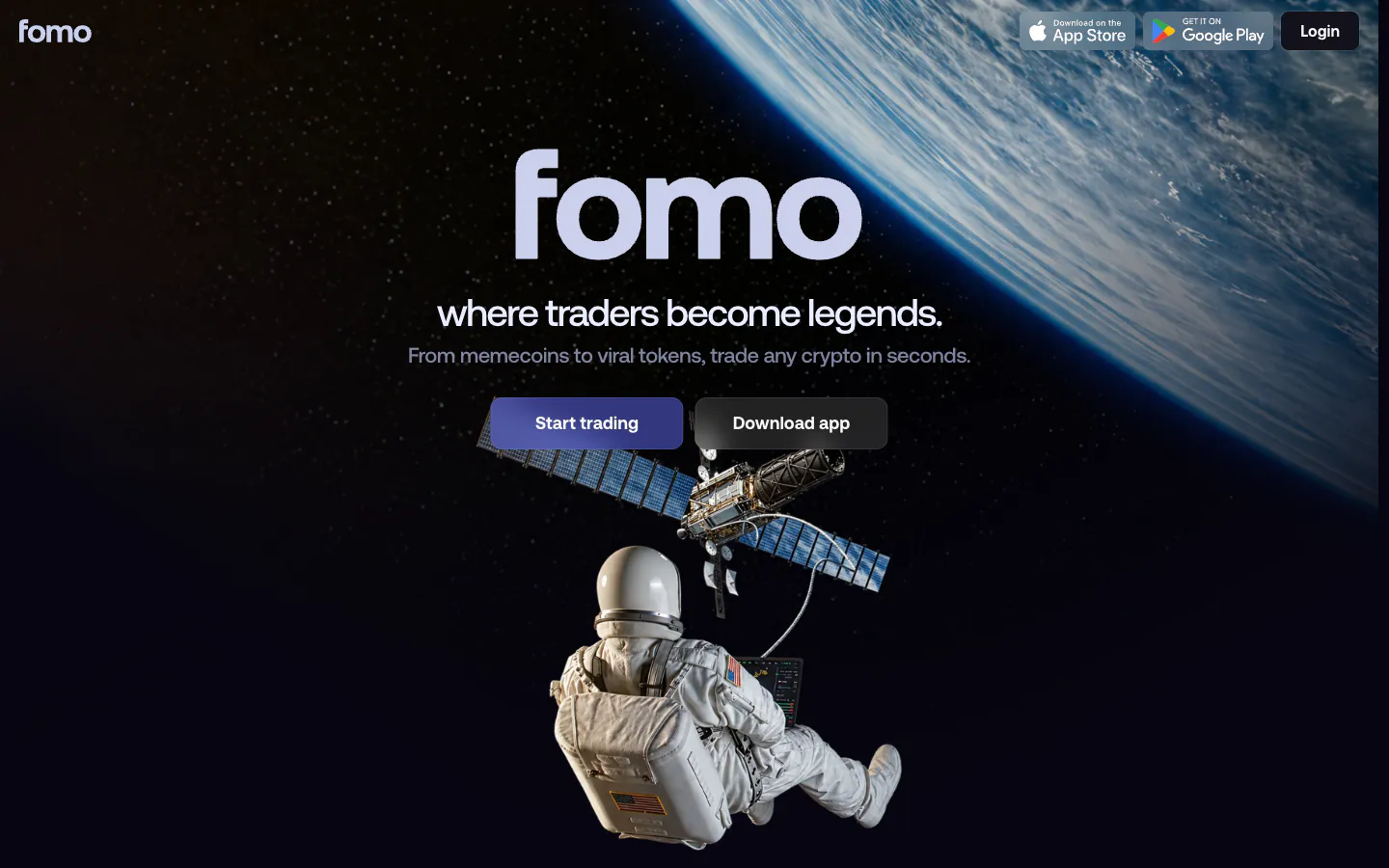 fomo.family homepage: social crypto trading app, trade any crypto in seconds