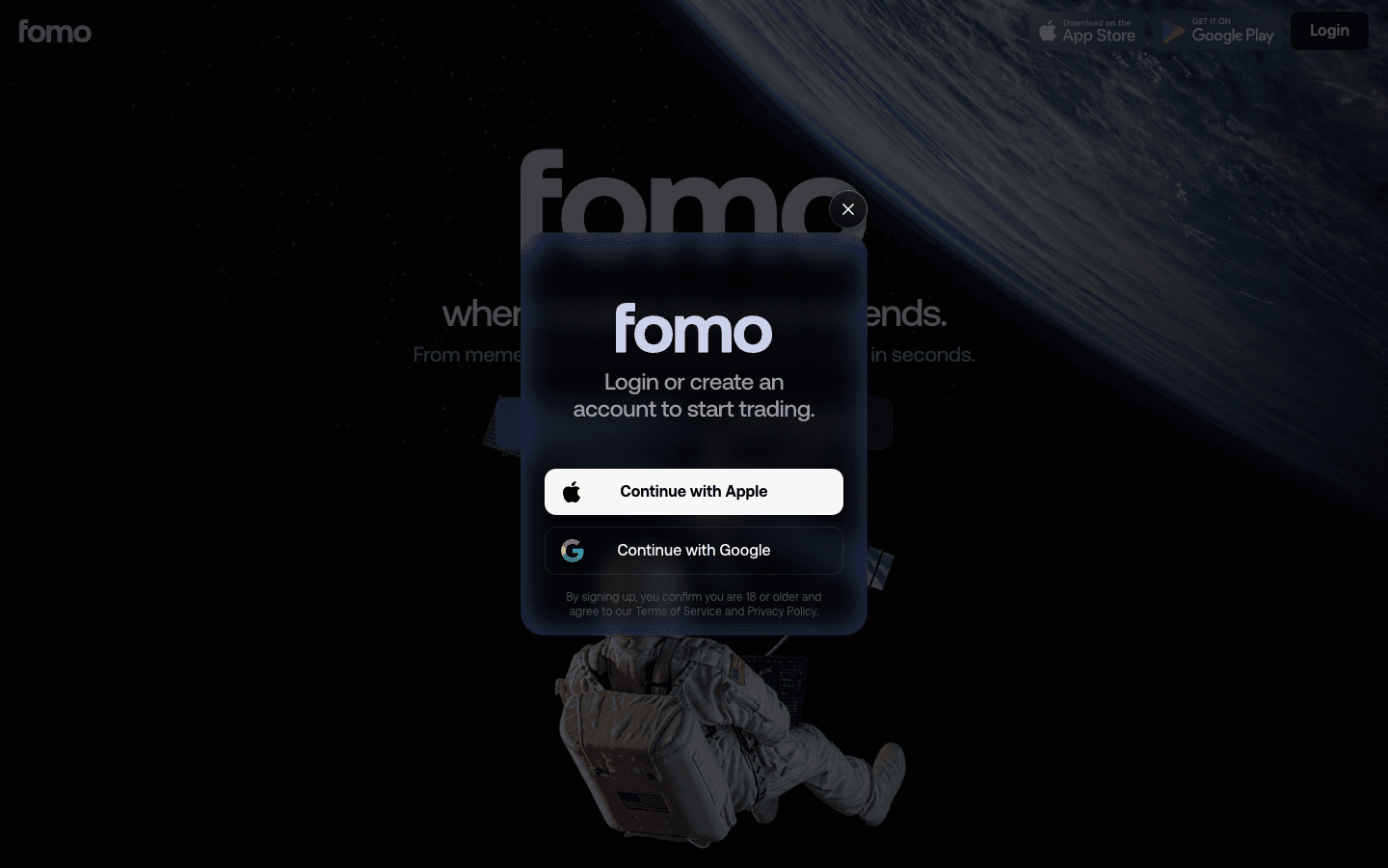 fomo.family sign-up window opened from a referral link: Continue with Apple or Google, no referral code field
