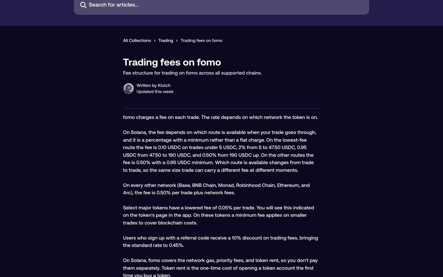 fomo help center article Trading fees on fomo: route-dependent Solana fees, 0.50% on other networks, 0.45% with a referral code