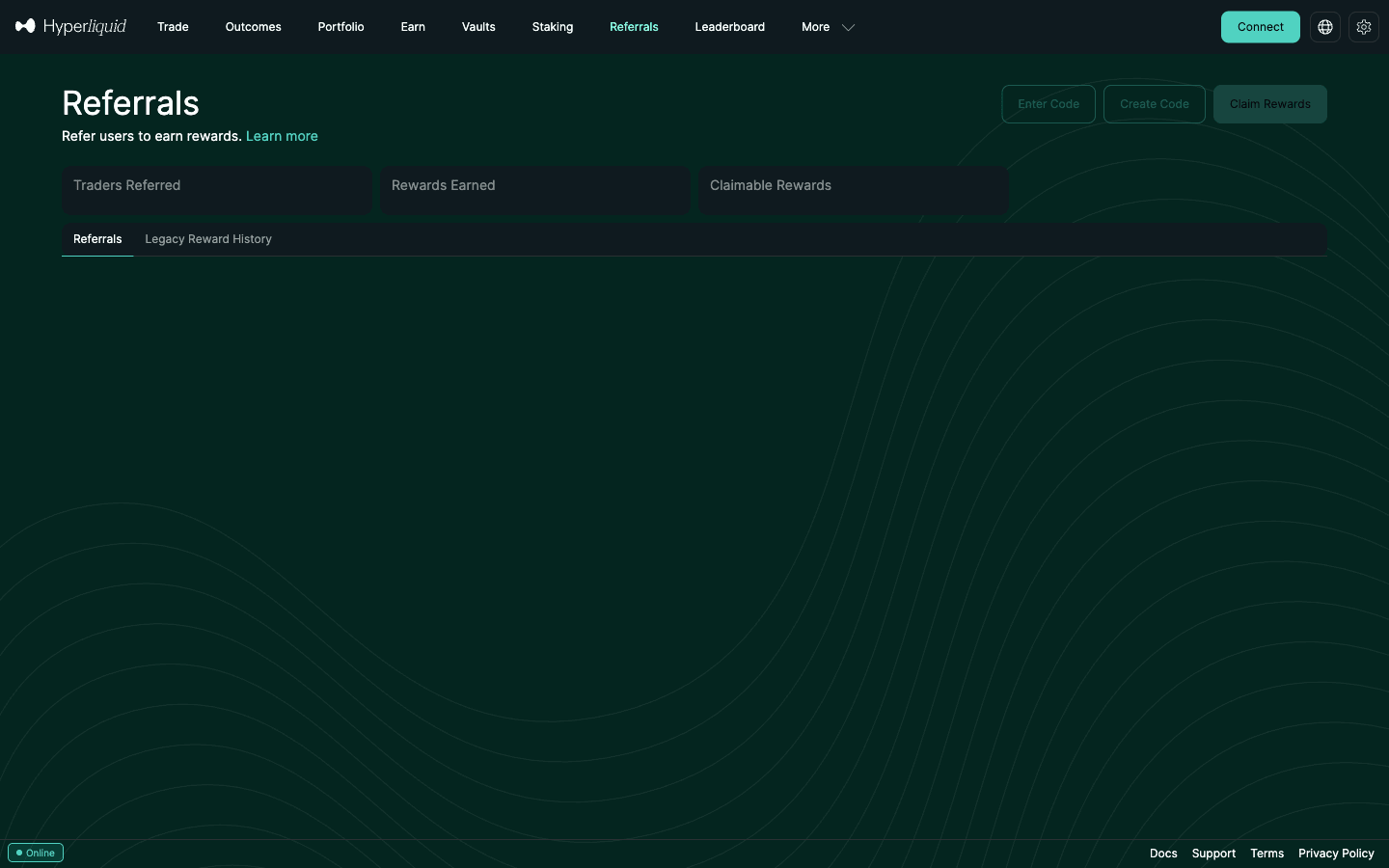Hyperliquid Referrals page with Enter Code, Create Code and Claim Rewards buttons