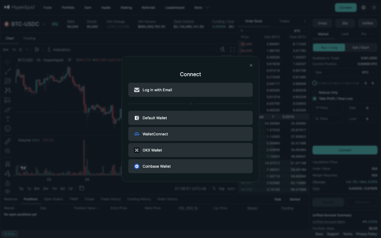 Hyperliquid Connect window with Log in with Email, Default Wallet, WalletConnect, OKX Wallet and Coinbase Wallet options
