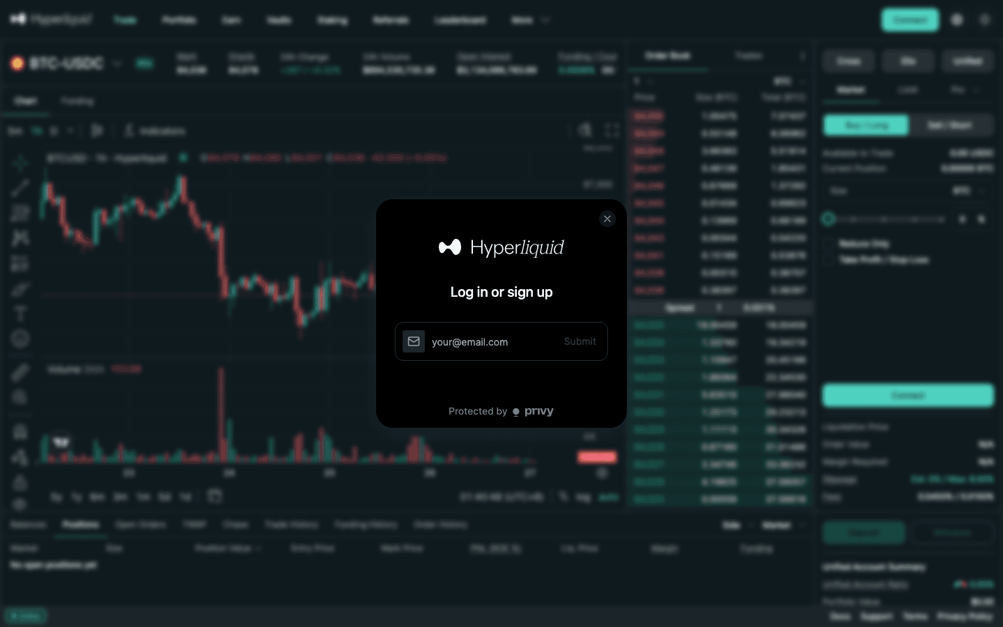 Hyperliquid email login window: Log in or sign up with an email field and Submit button