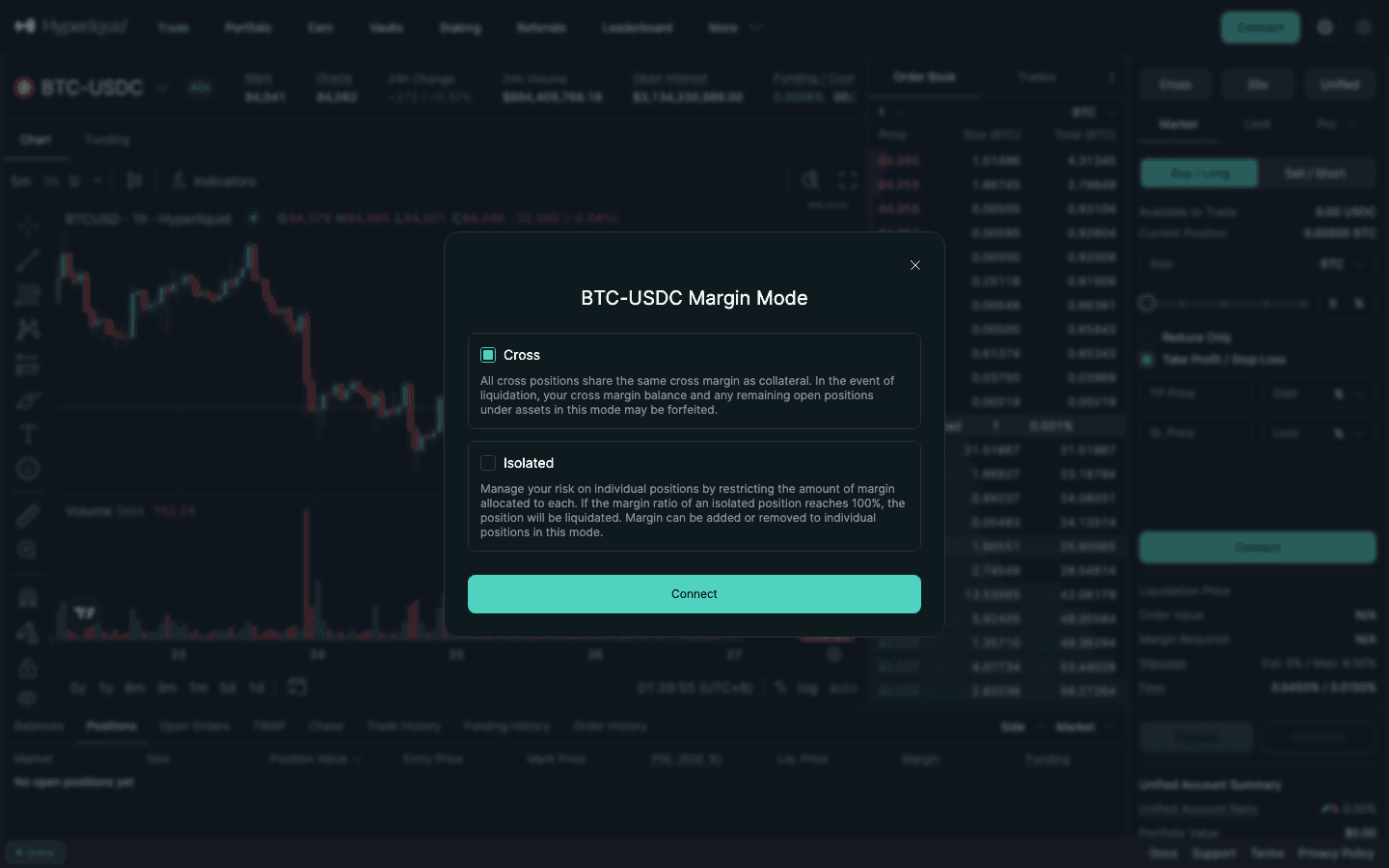 Hyperliquid の BTC-USDC Margin Mode 画面。Cross と Isolated の選択肢