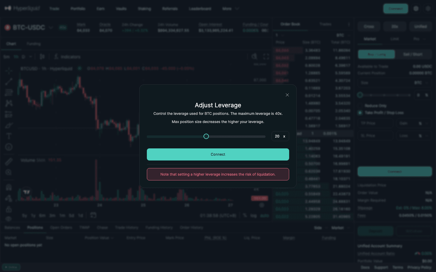 Hyperliquid Adjust Leverage dialog for BTC with a slider and a maximum of 40x