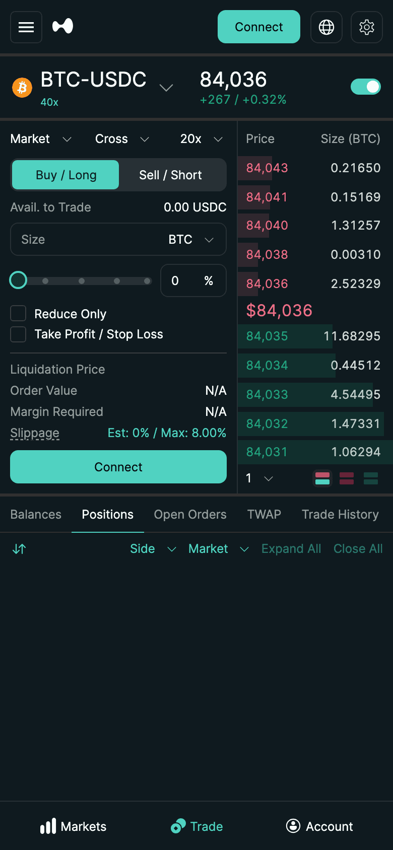 Hyperliquid web app on a phone: BTC-USDC Trade tab with order form, order book and Markets, Trade, Account tabs