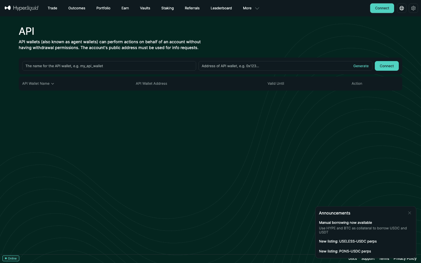 Hyperliquid API wallet page at app.hyperliquid.xyz/API: name field, Generate button and the Valid Until column, September 2026