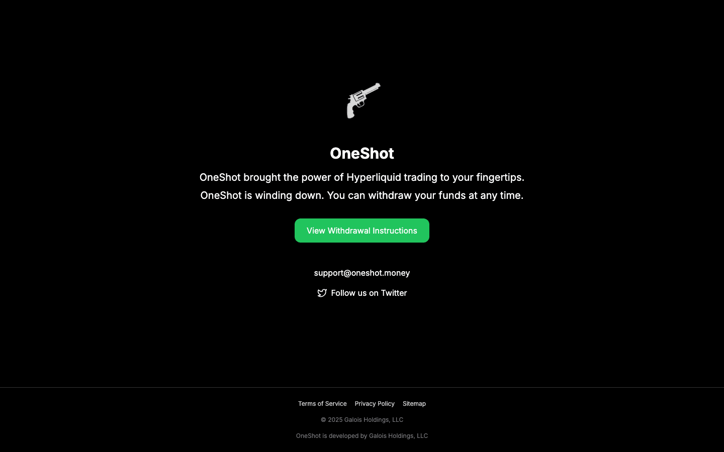 OneShot website stating that OneShot is winding down and offering withdrawal instructions, October 14, 2026