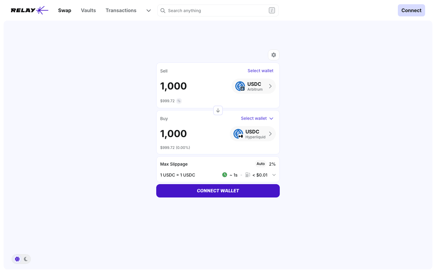 Relay bridge set to sell 1,000 USDC on Arbitrum and buy USDC on Hyperliquid, about 1 second