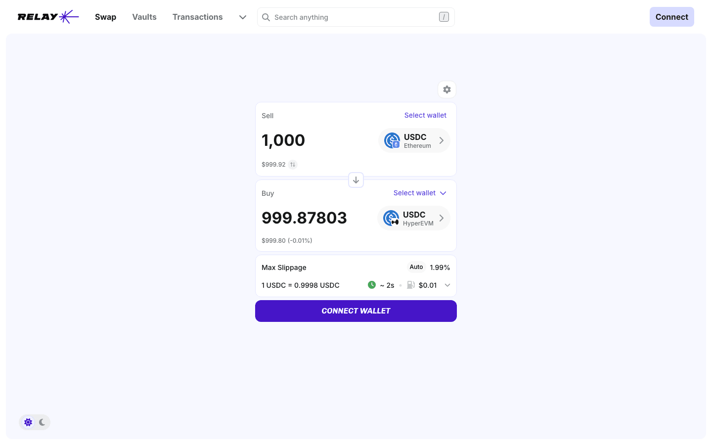 Relay bridge set to sell 1,000 USDC on Ethereum and buy USDC on HyperEVM, about 2 seconds