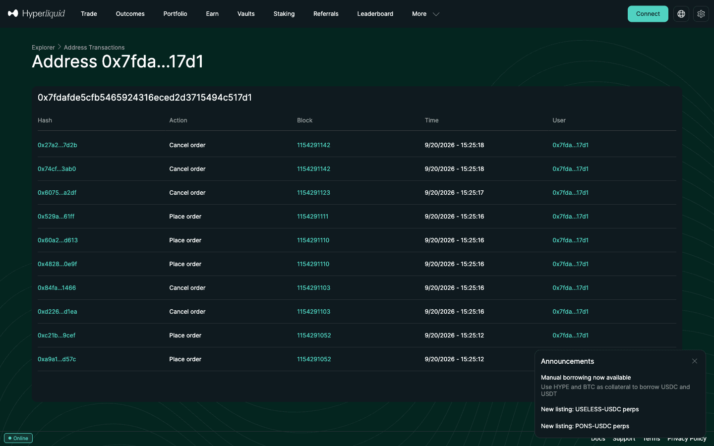 Hyperliquid explorer address page listing a trader's recent orders, cancels and transfers with block numbers and timestamps